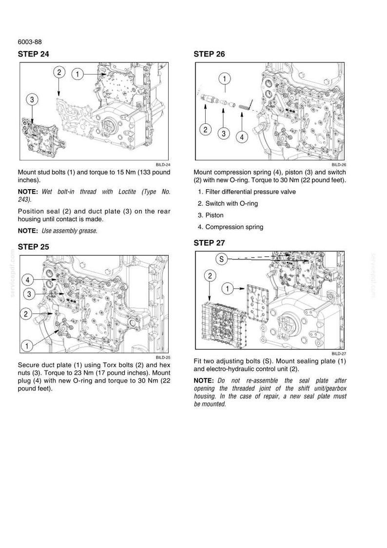 May include: Diagrams illustrating engine assembly steps, including mounting bolts, seals, and plates. Instructions detail torque specifications in pound-feet and pound-inches, and the use of Loctite and assembly grease.
