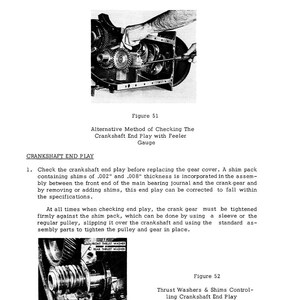May include: Black and white technical diagram of an engine's internal components. The image includes text describing crankshaft end play and the use of a feeler gauge. Figure 51 and Figure 52 are labeled.