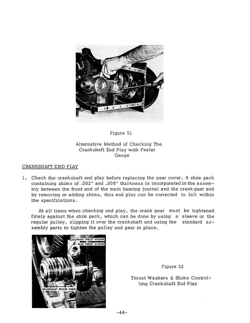 May include: Black and white technical diagram of an engine's internal components. The image includes text describing crankshaft end play and the use of a feeler gauge. Figure 51 and Figure 52 are labeled.