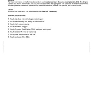 May include: A document titled "Electrical systems - FAULT CODES" with the code 10085. The text explains fuel rail pressure issues, causes, and possible failure modes, including faulty injectors and fuel pumps. The document includes a note to refer to the Engine Service Manual.