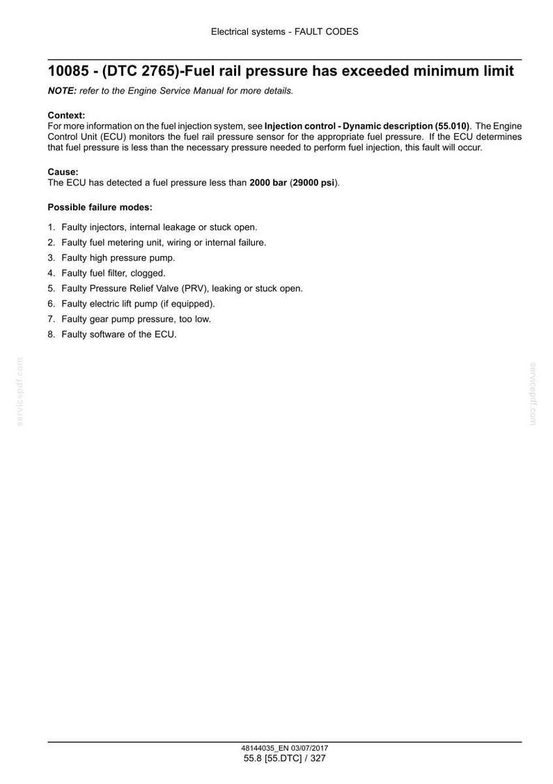 May include: A document titled "Electrical systems - FAULT CODES" with the code 10085. The text explains fuel rail pressure issues, causes, and possible failure modes, including faulty injectors and fuel pumps. The document includes a note to refer to the Engine Service Manual.