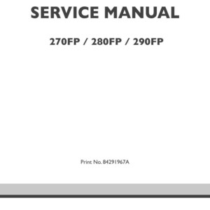 May include: A white service manual cover with dark gray text reading SERVICE MANUAL, 270FP / 280FP / 290FP, and Print No. 84291967A. At the bottom, a dark gray rectangular logo displays the New Holland Agriculture emblem and text.