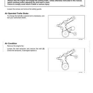May include: A technical manual page titled 7-MAINTENANCE, Change the poly V-belts. It includes a warning about entanglement hazards, instructions for Air Operated Trailer Brake and Air Condition, and two diagrams showing belt routing paths.