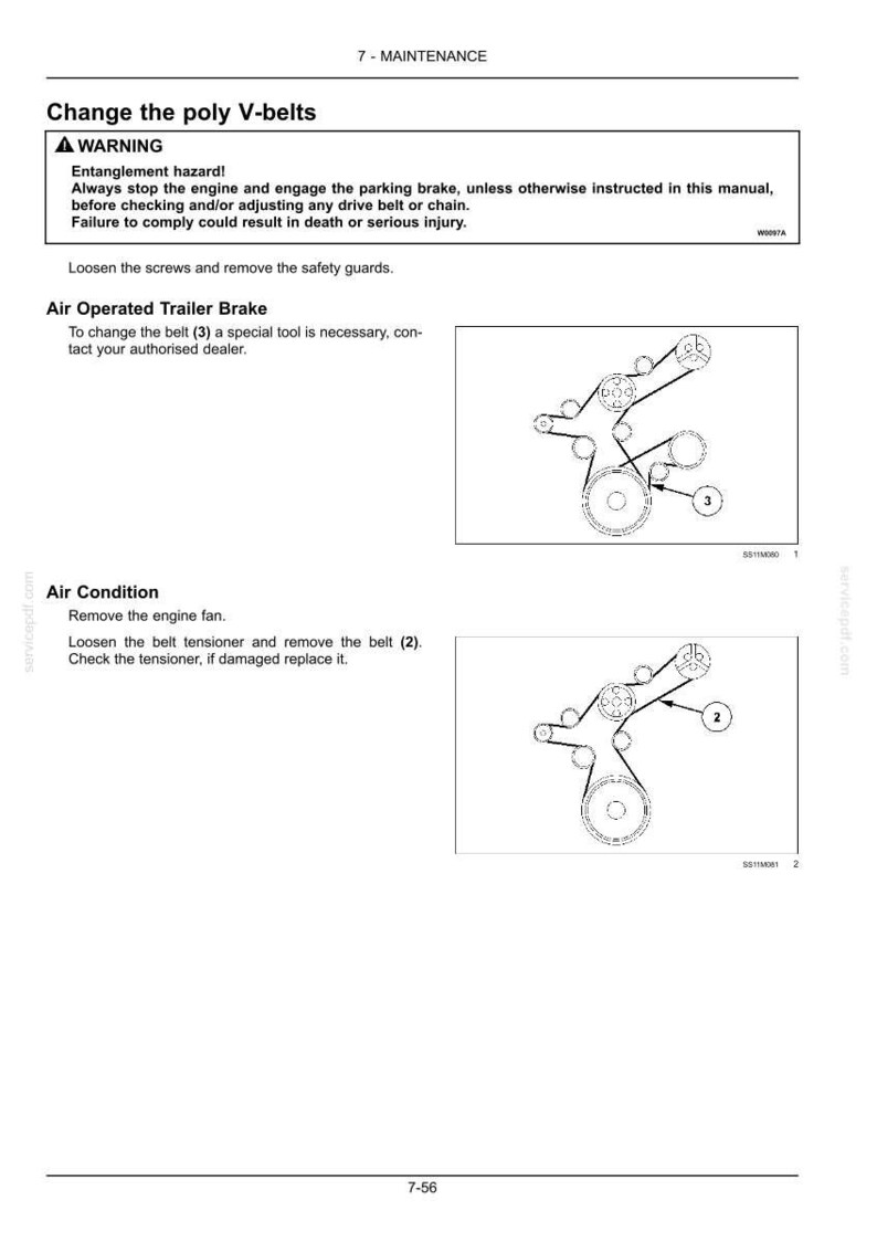 May include: A technical manual page titled 7-MAINTENANCE, Change the poly V-belts. It includes a warning about entanglement hazards, instructions for Air Operated Trailer Brake and Air Condition, and two diagrams showing belt routing paths.