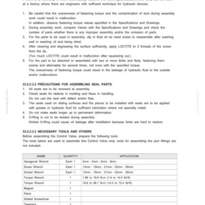 May include: A technical document page with text and a table detailing assembly precautions, necessary tools, and applications for a control valve. The table lists wrenches, a magnet, pliers, a screwdriver, and tweezers.