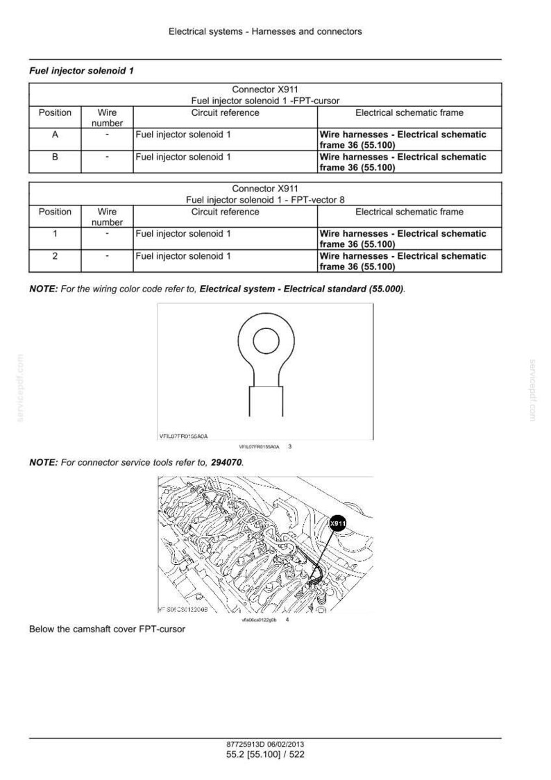 Pu&ograve; includere: Una pagina di documento tecnico intitolata Electrical systems - Harnesses and connectors, contenente tabelle per Fuel injector solenoid 1, il connettore X911, un disegno al tratto di un capocorda ad anello e uno schema motore con il connettore X911.