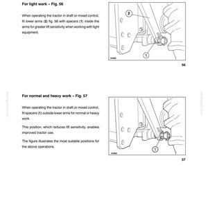 Peut inclure: Une page de manuel technique intitul&eacute;e OPERATION LOWER ARMS ASSEMBLY POSITION. Elle pr&eacute;sente deux dessins au trait en noir et blanc, Fig. 56 et Fig. 57, montrant les configurations des bras inf&eacute;rieurs de tracteur avec des entretoises 1 et des bras 2.