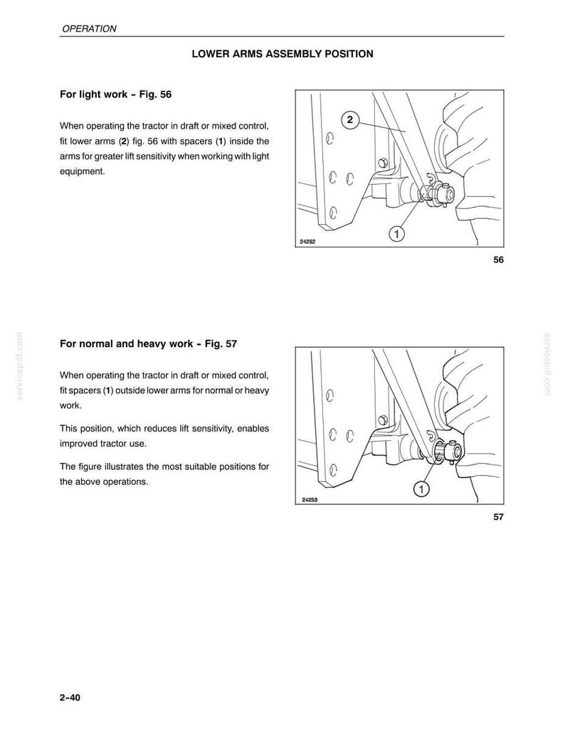 Peut inclure: Une page de manuel technique intitul&eacute;e OPERATION LOWER ARMS ASSEMBLY POSITION. Elle pr&eacute;sente deux dessins au trait en noir et blanc, Fig. 56 et Fig. 57, montrant les configurations des bras inf&eacute;rieurs de tracteur avec des entretoises 1 et des bras 2.