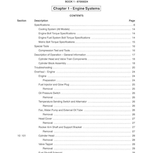May include: A page from a manual titled "SECTION 10 - ENGINE" with a table of contents for "Chapter 1 - Engine Systems." The table lists sections like "Cooling System," "Fuel Injector," and "Cylinder Head."