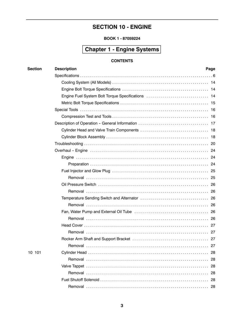 May include: A page from a manual titled "SECTION 10 - ENGINE" with a table of contents for "Chapter 1 - Engine Systems." The table lists sections like "Cooling System," "Fuel Injector," and "Cylinder Head."