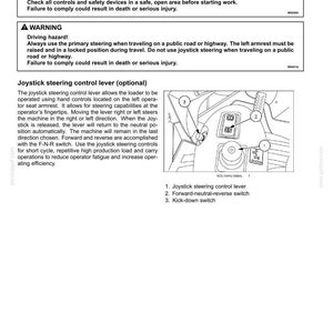 Op de afbeelding: Een pagina uit een handleiding met uitleg over joystickbediening. De tekst bevat waarschuwingen over rijgevaren en instructies voor het gebruik van de joystickstuurhendel, de vooruit-neutraal-achteruit-schakelaar en de kick-down-schakelaar.