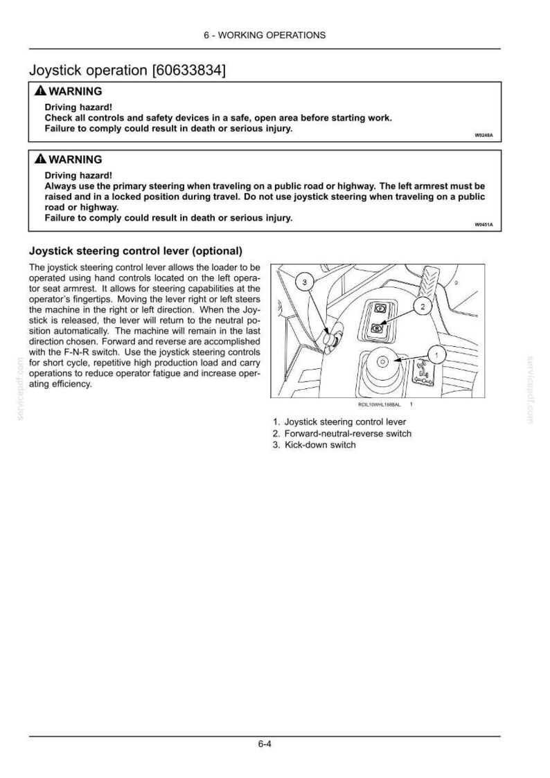 Op de afbeelding: Een pagina uit een handleiding met uitleg over joystickbediening. De tekst bevat waarschuwingen over rijgevaren en instructies voor het gebruik van de joystickstuurhendel, de vooruit-neutraal-achteruit-schakelaar en de kick-down-schakelaar.