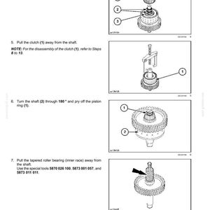 May include: Diagram of Powershift transmission internal components. The image shows exploded views of gears, bearings, and shafts, with numbered labels for identification. Text instructions accompany each step of disassembly.