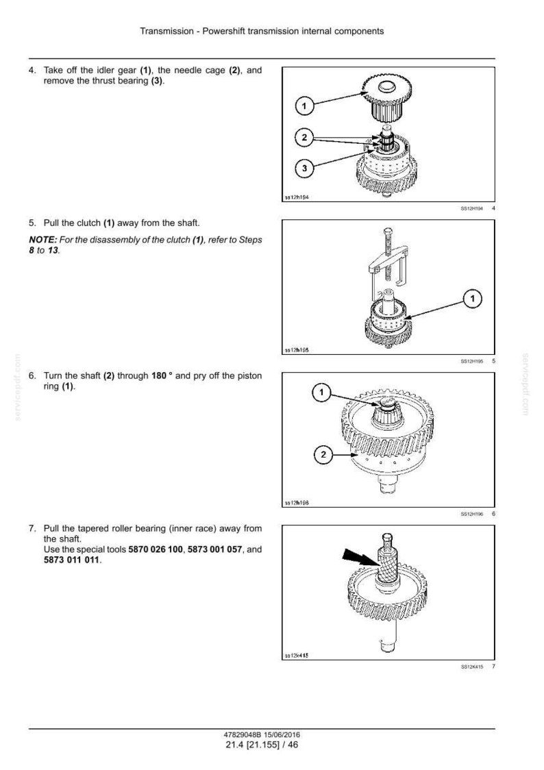 May include: Diagram of Powershift transmission internal components. The image shows exploded views of gears, bearings, and shafts, with numbered labels for identification. Text instructions accompany each step of disassembly.