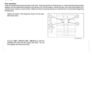 May include: Page from a maintenance manual detailing track shoe bolt torque. The text includes instructions for checking and tightening bolts, with a diagram showing the tightening sequence. Torque specifications are provided in both Newton-meters and pound-feet.