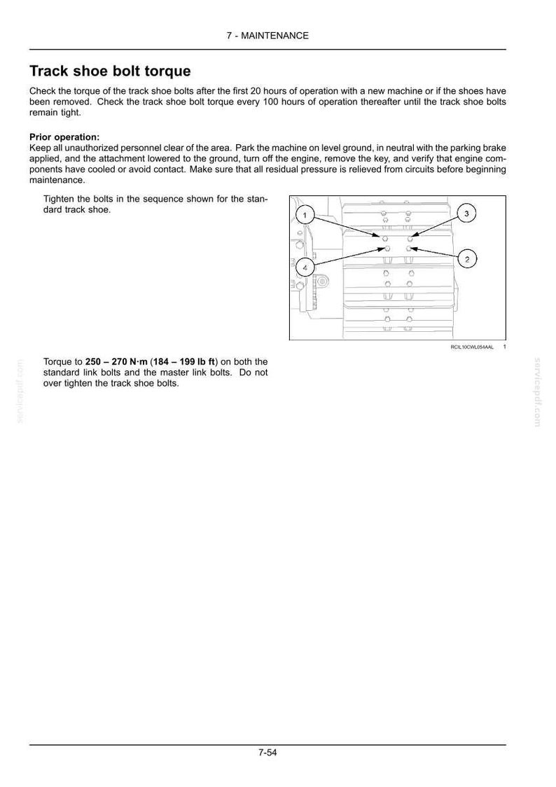 May include: Page from a maintenance manual detailing track shoe bolt torque. The text includes instructions for checking and tightening bolts, with a diagram showing the tightening sequence. Torque specifications are provided in both Newton-meters and pound-feet.