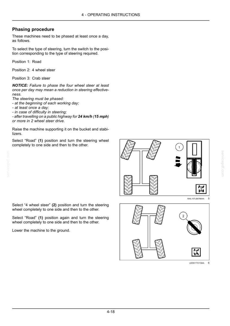 Puede incluir: Una p&aacute;gina de documento t&eacute;cnico titulada 4 - OPERATING INSTRUCTIONS que detalla un procedimiento de puesta en fase para maquinaria. Incluye instrucciones de texto y dos diagramas que muestran configuraciones de ruedas.