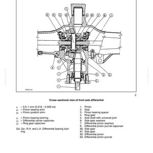 May include: Detailed cross-sectional diagram of a front axle differential, labeled with numbers and letters. Includes components like the pinion, ring gear, axle shaft, and various washers and capscrews. Measurements are provided in inches and millimeters.