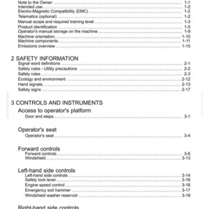 May include: A white document page with the title "Contents" at the top. The document is a table of contents for a manual, with numbered sections and subheadings detailing general information, safety information, and controls.