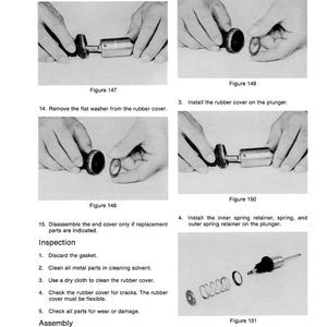 May include: A technical diagram with step-by-step instructions for assembling a mechanical component. The image shows hands manipulating parts, including a rubber cover, washers, and a plunger. Text instructions and diagrams are included.
