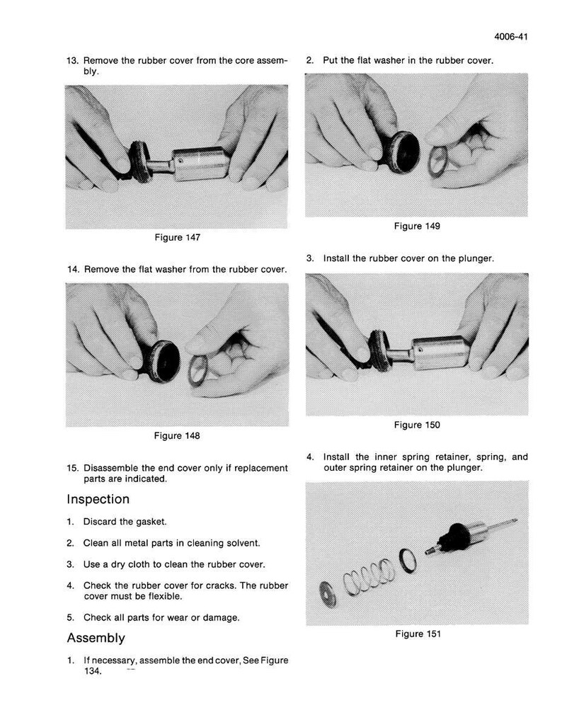 May include: A technical diagram with step-by-step instructions for assembling a mechanical component. The image shows hands manipulating parts, including a rubber cover, washers, and a plunger. Text instructions and diagrams are included.