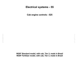 Puede incluir: Documento blanco con el logo "CASE CONSTRUCTION". El texto incluye "Electrical systems - 55" y "Cab engine controls - 525". Enumera los modelos W20F, con cabina, Tier 3, fabricados en Brasil.