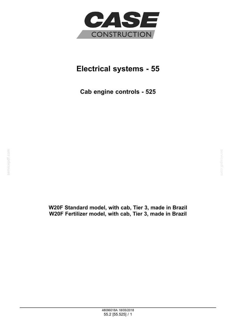 Puede incluir: Documento blanco con el logo "CASE CONSTRUCTION". El texto incluye "Electrical systems - 55" y "Cab engine controls - 525". Enumera los modelos W20F, con cabina, Tier 3, fabricados en Brasil.