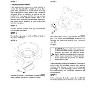 May include: Diagram of an upperstructure inspection guide. The guide includes instructions for checking the turntable, removing screws, and installing a new seal. The text includes warnings about potential injury.