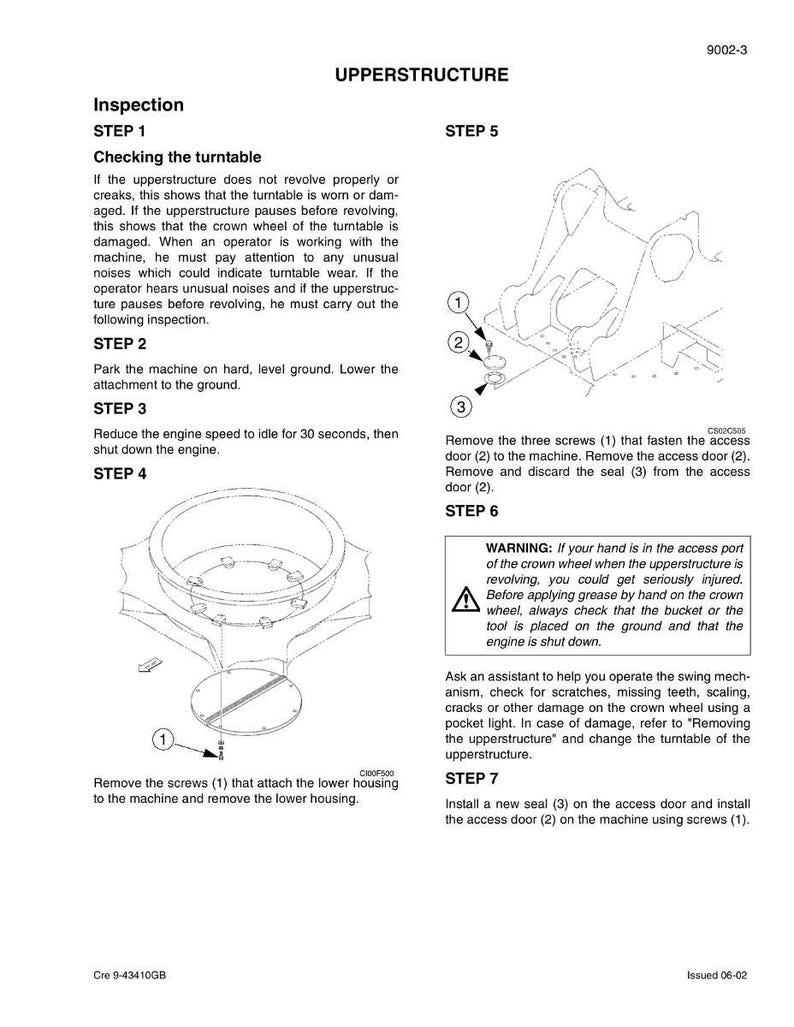 May include: Diagram of an upperstructure inspection guide. The guide includes instructions for checking the turntable, removing screws, and installing a new seal. The text includes warnings about potential injury.