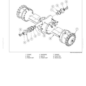 May include: An exploded diagram of a rear axle mounting assembly, labeled with part numbers and names. Components include O-rings, seals, front caps, washers, bolts, shims, pivot pins, and the rear axle itself. The diagram is in black and white.