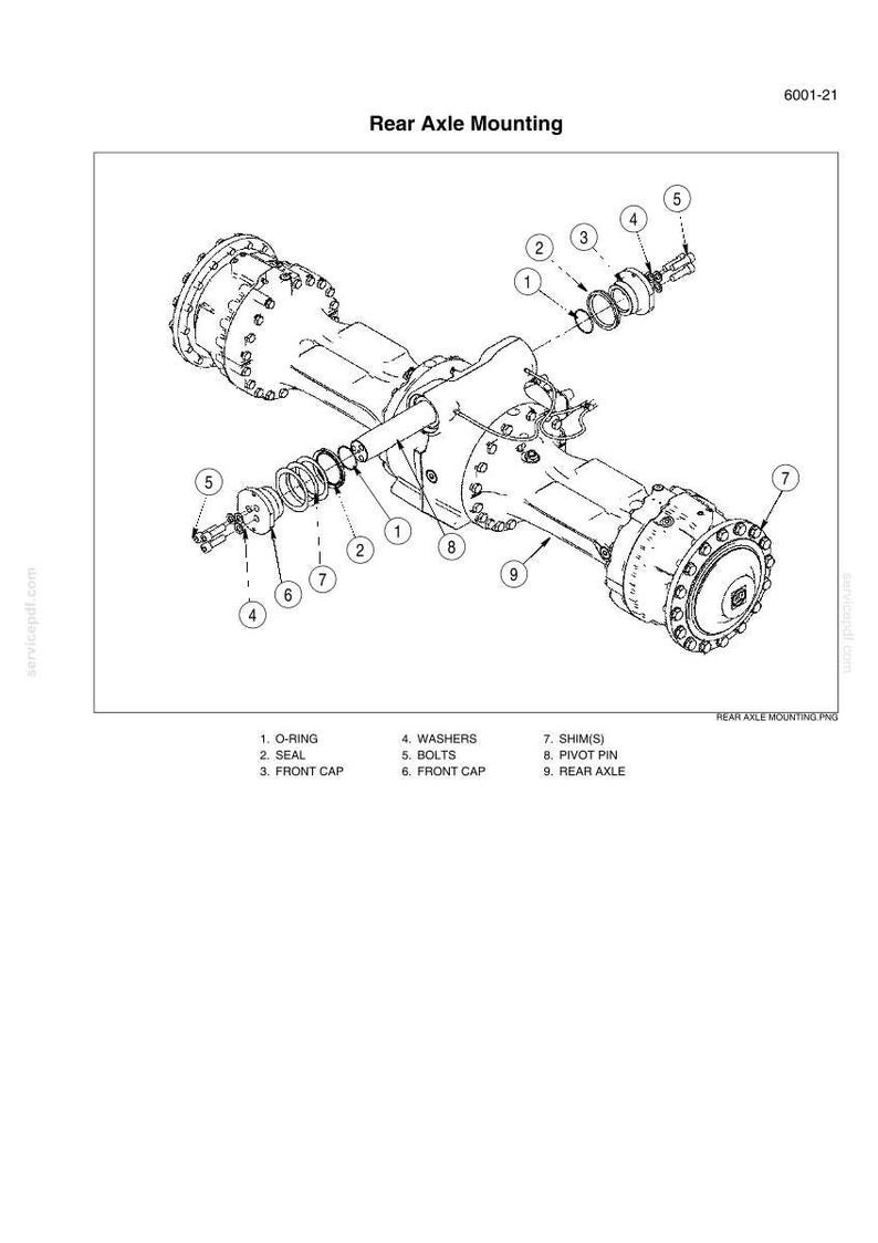 May include: An exploded diagram of a rear axle mounting assembly, labeled with part numbers and names. Components include O-rings, seals, front caps, washers, bolts, shims, pivot pins, and the rear axle itself. The diagram is in black and white.