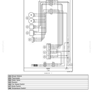 May include: A detailed electrical schematic for a blower motor, labeled as frame 20. The diagram includes blower motors, a thermostat, water valve, resistor, fan speed switch, mode switch, and temperature switch. The text "Wiring harness" is at the top.