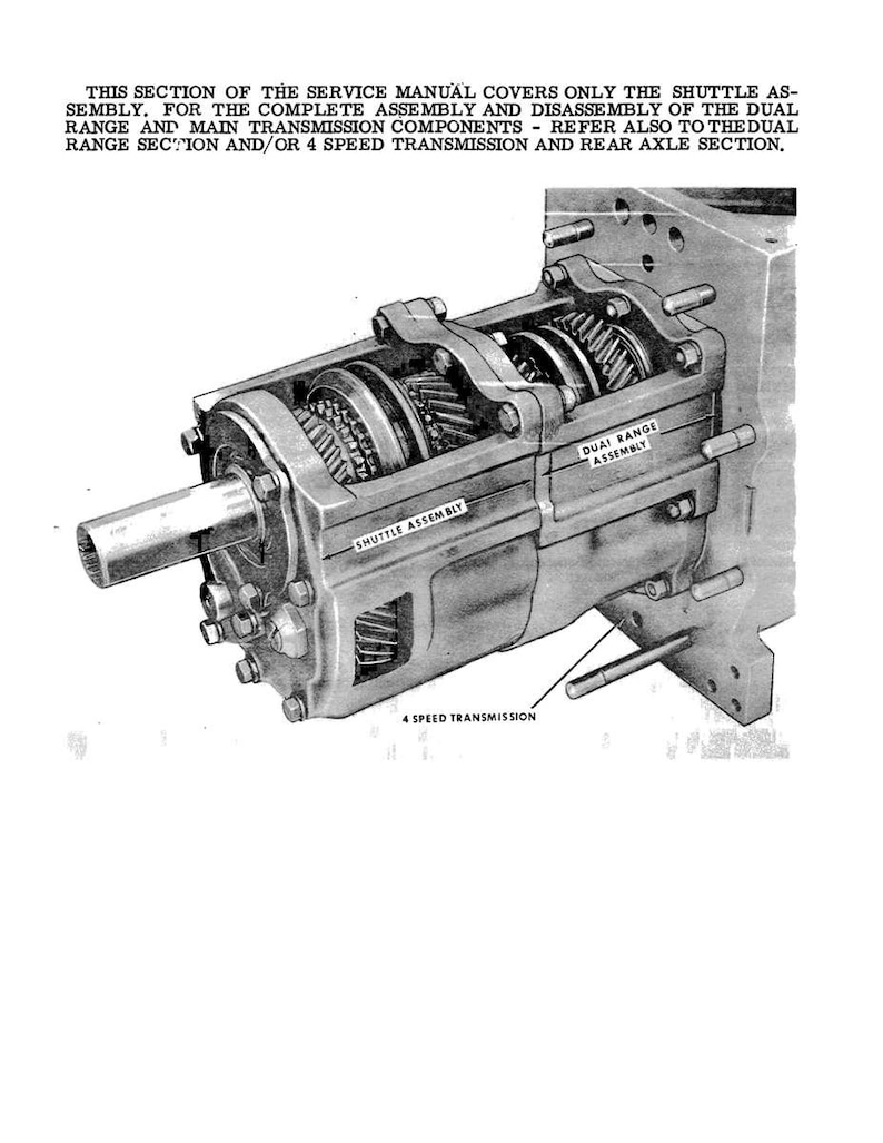 May include: Detailed grayscale illustration of a mechanical assembly, likely a transmission component. The image shows gears, shafts, and housing with labels like "SHUTTLE ASSEMBLY" and "DUAL RANGE ASSEMBLY." Text at the top provides context from a service manual.
