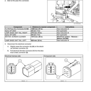 May include: Diagram of electrical components for a rear wiring harness, including connectors and a table with measurements in inches and millimeters. Instructions detail removing the tail light harness.