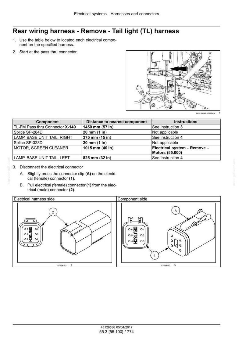 May include: Diagram of electrical components for a rear wiring harness, including connectors and a table with measurements in inches and millimeters. Instructions detail removing the tail light harness.