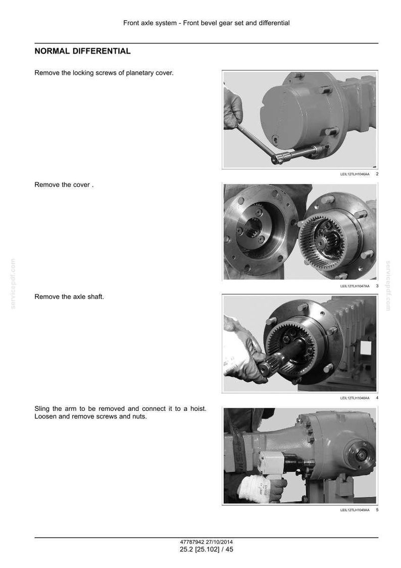 Op de afbeelding: Diagram van een vooras met demontage-instructies. De afbeelding toont verschillende stappen, waaronder het verwijderen van schroeven, afdekkingen en de as. Tekst: "NORMAL DIFFERENTIAL" en afmetingen.