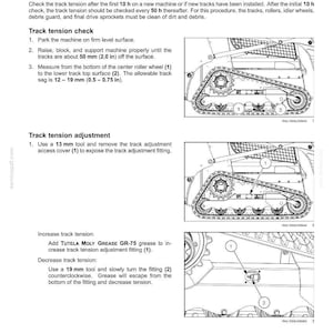May include: A technical maintenance page titled Track tension check and adjustment. It includes instructions for checking and adjusting machine tracks, featuring three black and white diagrams with numbered labels and measurements in inches and mm.