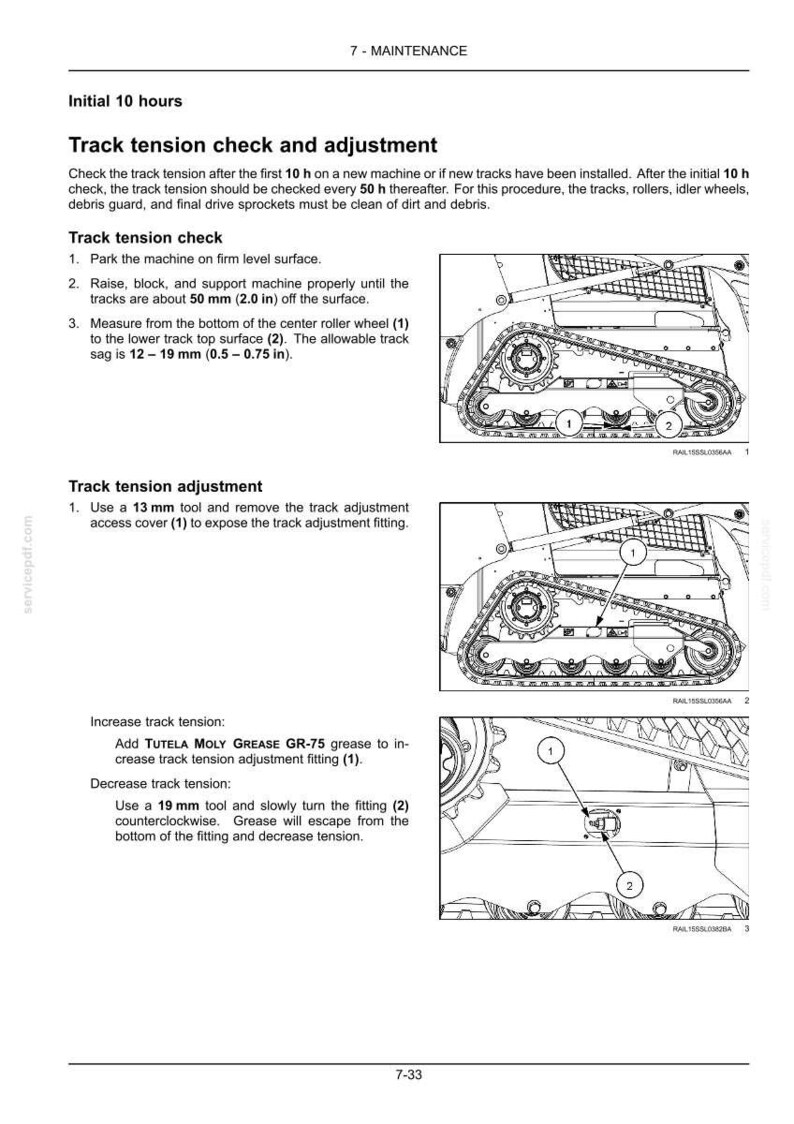 May include: A technical maintenance page titled Track tension check and adjustment. It includes instructions for checking and adjusting machine tracks, featuring three black and white diagrams with numbered labels and measurements in inches and mm.