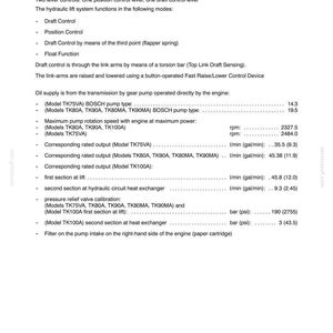 May include: A technical document page titled Section 8 - Tractor Specifications, detailing hydraulic lift systems for models TK75VA, TK80A, TK90A, TK80MA, TK90MA, and TK100A, including pump types, rotation speeds, rated outputs in l/min and gal/min, and pressure.