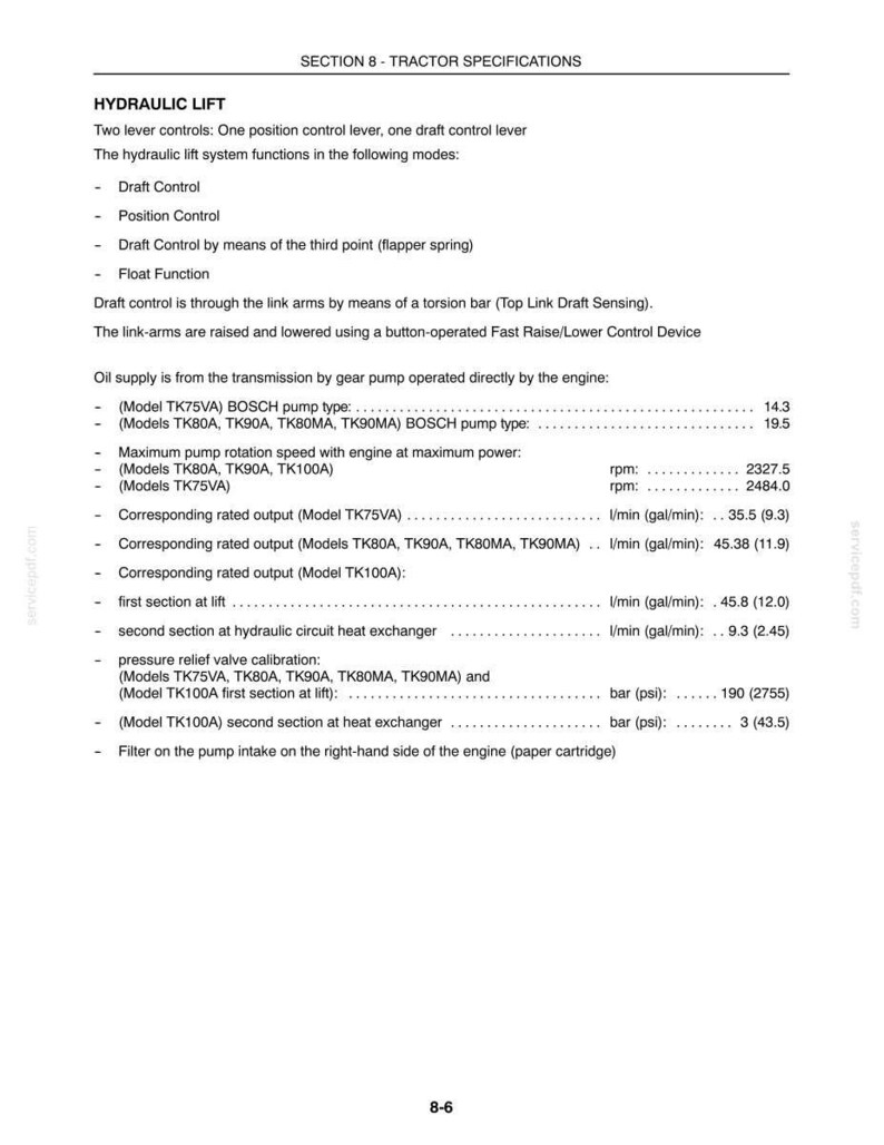 May include: A technical document page titled Section 8 - Tractor Specifications, detailing hydraulic lift systems for models TK75VA, TK80A, TK90A, TK80MA, TK90MA, and TK100A, including pump types, rotation speeds, rated outputs in l/min and gal/min, and pressure.