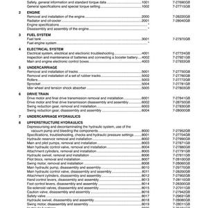 Puede incluir: Tabla de contenidos del manual de excavadoras de orugas CX130. El documento enumera secciones sobre informaci&oacute;n general, motor, sistema de combustible, sistema el&eacute;ctrico, tren de rodaje, transmisi&oacute;n e hidr&aacute;ulica. El documento est&aacute; fechado en mayo de 2005.