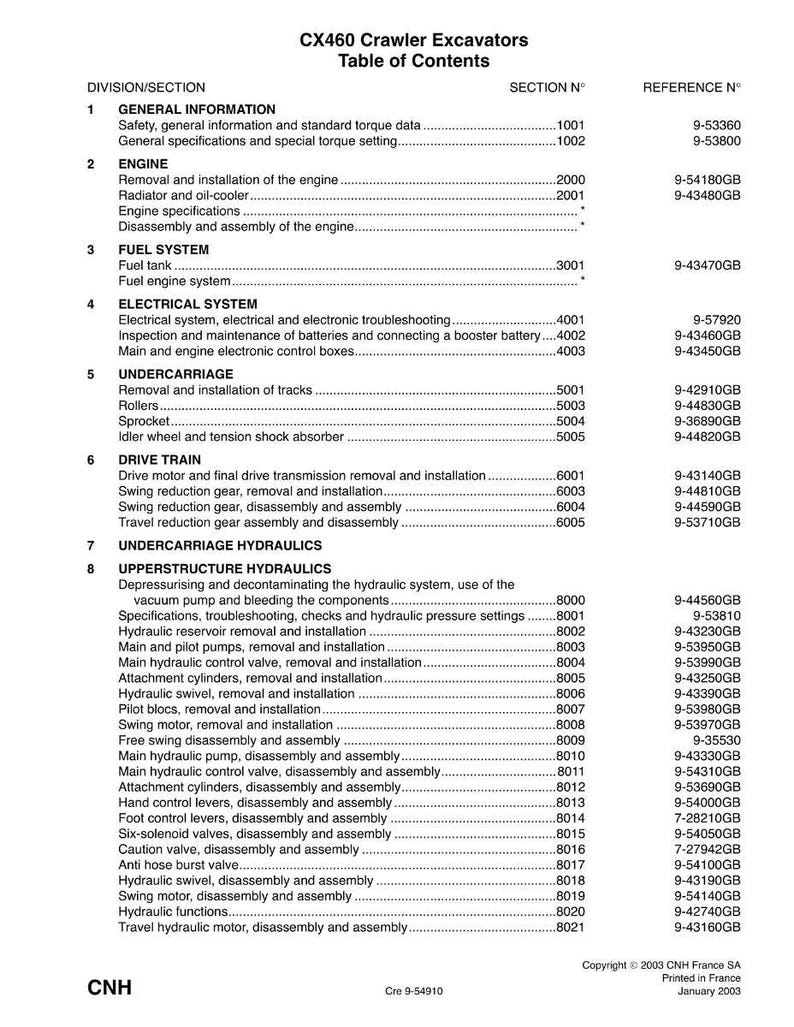May include: A table of contents for CX460 Crawler Excavators, listing sections and reference numbers. The document includes sections on general information, engine, fuel system, electrical system, undercarriage, drive train, and hydraulics. Copyright 2003 CNH France SA.