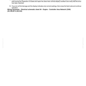 Op de afbeelding: Een pagina uit een handleiding voor elektrische systemen met de titel "STORINGSCODES". De tekst beschrijft het inspecteren van kabelbomen en connectoren op schade. Bevat de tekst "Bedradingsharnassen - Elektrisch schema blad 04 - Motor - Controller Area Network (CAN)."