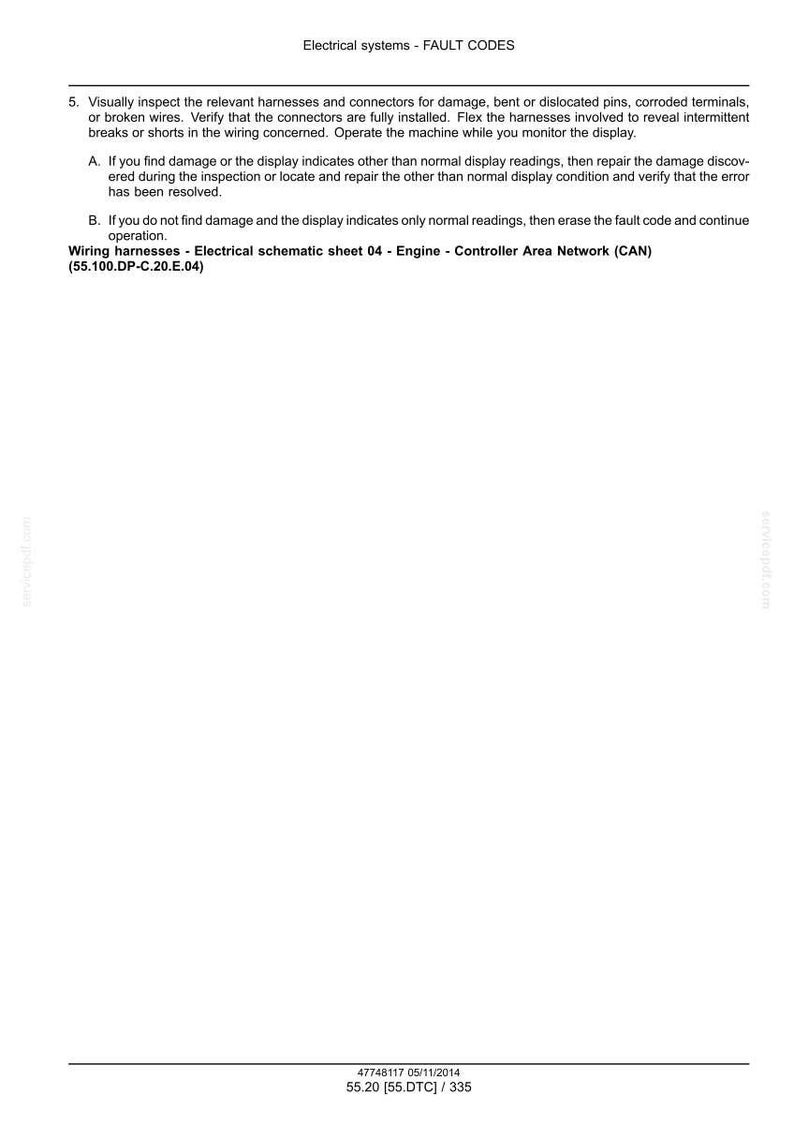 Op de afbeelding: Een pagina uit een handleiding voor elektrische systemen met de titel "STORINGSCODES". De tekst beschrijft het inspecteren van kabelbomen en connectoren op schade. Bevat de tekst "Bedradingsharnassen - Elektrisch schema blad 04 - Motor - Controller Area Network (CAN)."
