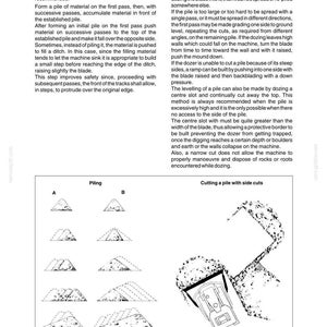 May include: A technical manual page titled DC180 Power Steering featuring text instructions on piling and pile levelling. It includes black and white line drawings showing piling sequences labelled A and B, and a diagram of a dozer cutting a pile.