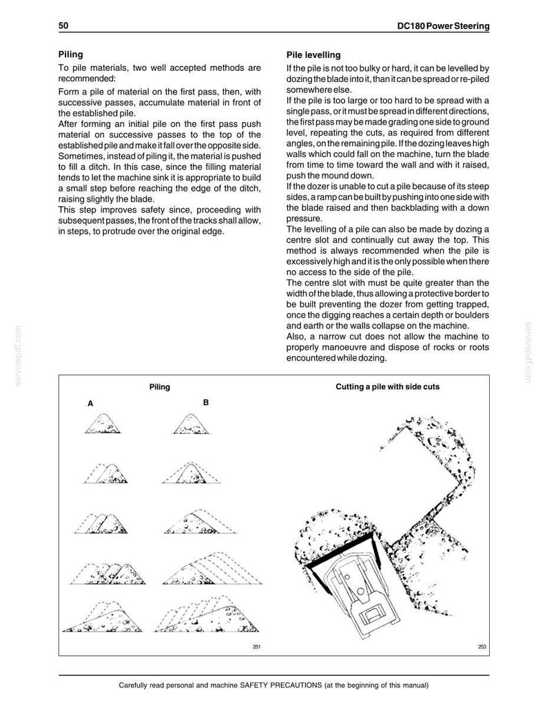May include: A technical manual page titled DC180 Power Steering featuring text instructions on piling and pile levelling. It includes black and white line drawings showing piling sequences labelled A and B, and a diagram of a dozer cutting a pile.