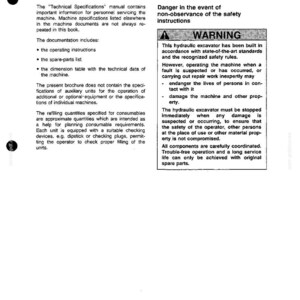 May include: A technical handbook titled "TECHNICAL HANDBOOK FX 480 HYDRAULIC SYSTEM" with safety instructions and a warning. The manual provides information for servicing the machine and includes operating instructions.