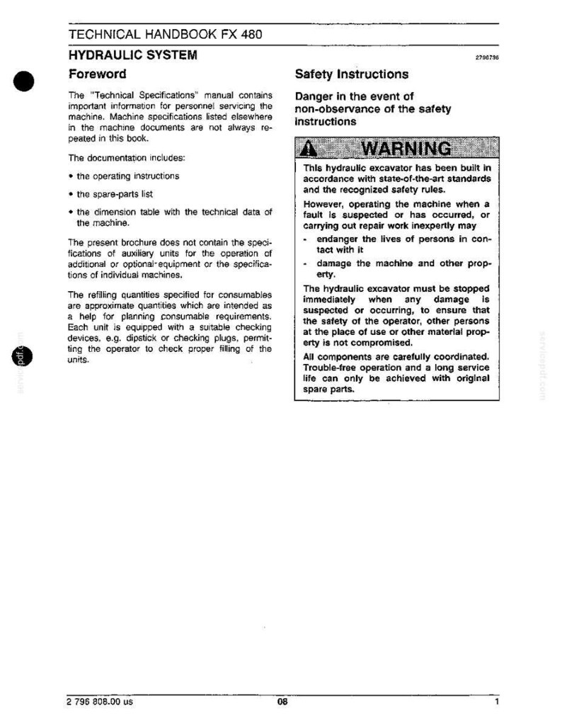 May include: A technical handbook titled "TECHNICAL HANDBOOK FX 480 HYDRAULIC SYSTEM" with safety instructions and a warning. The manual provides information for servicing the machine and includes operating instructions.