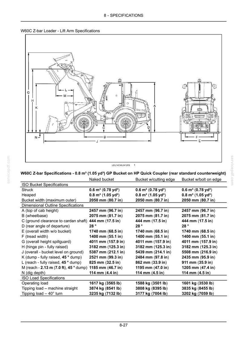 Pu&ograve; includere: Un documento di specifiche tecniche per la pala gommata W60C Z-bar, con un diagramma della vista laterale e frontale della macchina. Il testo dettaglia le specifiche della benna, le misure dimensionali in mm e le capacit&agrave; di carico in kg.