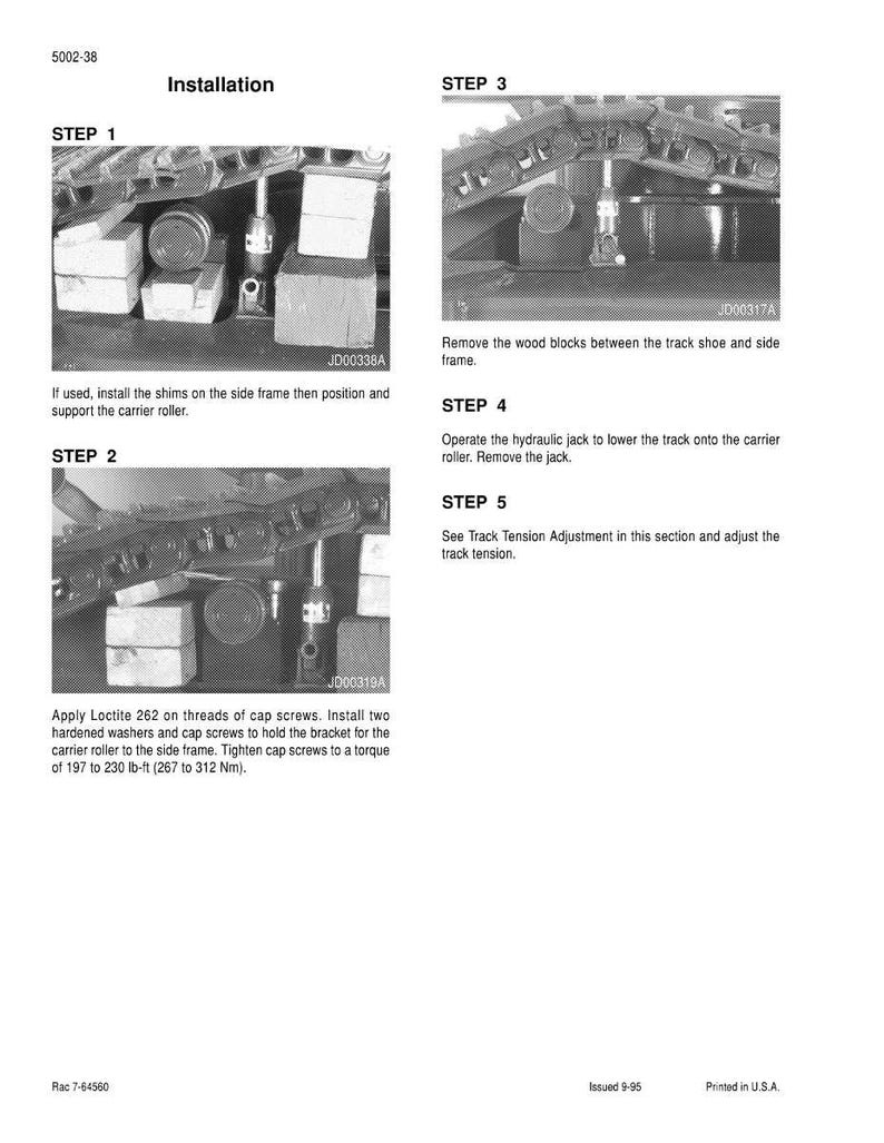 May include: Installation instructions with diagrams for a mechanical component. The steps include installing shims, removing wood blocks, and adjusting track tension. The text includes torque specifications in lb-ft.